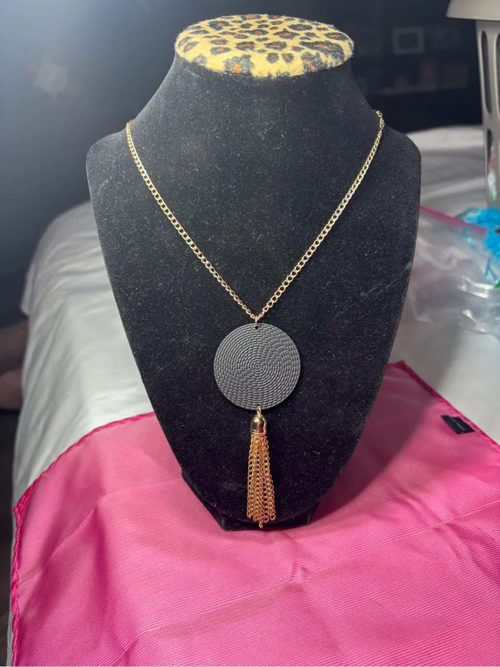 20” New Gold Chain Necklace with Black Disc and Gold Tassel
